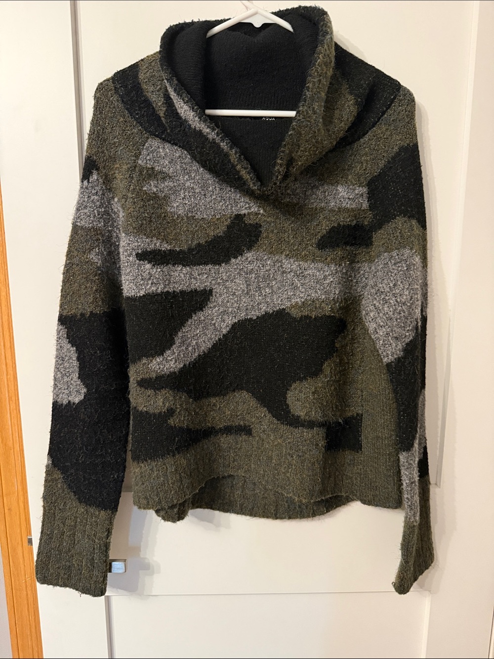 Aqua Camo Shawl Collar Sweater in Olive, Gray & Black